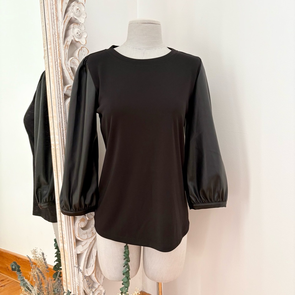 Elegant Black Top With Leather Sleeve